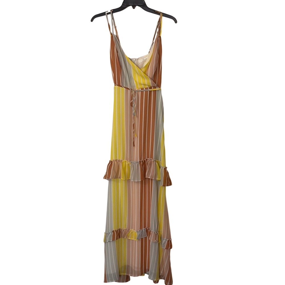 June & Hudson Striped Ruffle Tiered Maxi Dress Yellow Orange Grey size 1